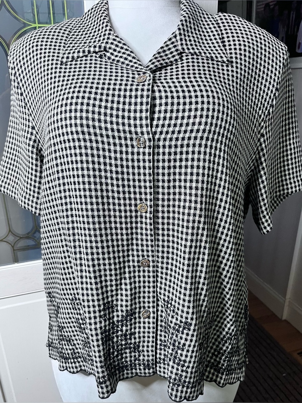 Koret City Blues Gingham Embroidered Button Front Blouse Size 18W Retro